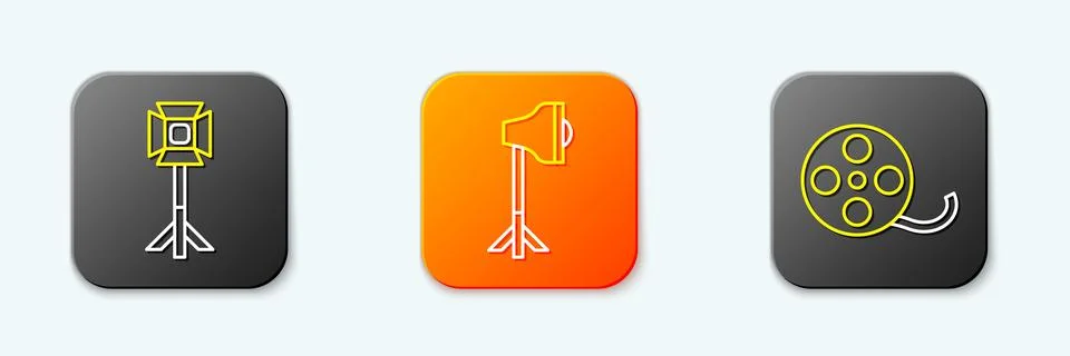 Set line Studio light bulb in softbox,  and Film reel icon. Vector Stock Illustration
