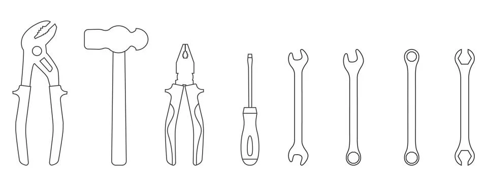 Set of line style icons of tools. Wrench, screwdriver, pliers, hammer. Vector. Stock Illustration