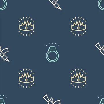 Set line Submachine gun, King crown and Diamond ring on seamless pattern. Vector Illustrazione stock