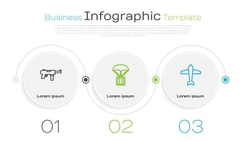 Set line Submachine gun M3, Airdrop box and Jet fighter. Business infographic Stock Illustration