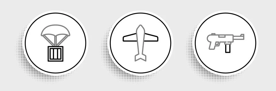 Set line Submachine gun M3, Airdrop box and Jet fighter icon. Vector Illustrazione stock