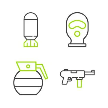 Set line Submachine gun M3, Hand grenade, Balaclava and Aviation bomb icon. V Stock Illustration