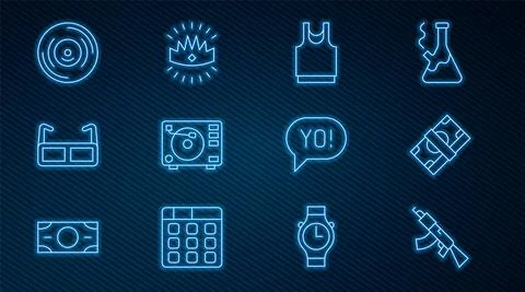 Set line Submachine gun, Stacks paper money cash, Undershirt, Vinyl player with Stock Illustration