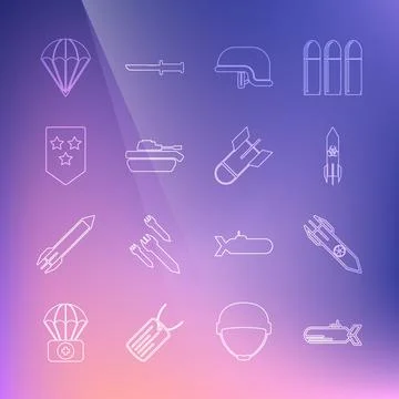 Set line Submarine, Nuclear rocket, Biohazard, Military helmet, tank, Chevron Stock Illustration