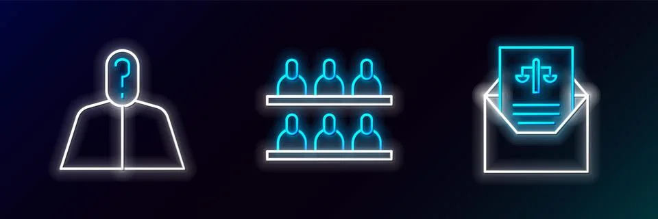 Set line Subpoena, Anonymous with question mark and Jurors icon. Glowing ne.. Stock Illustration