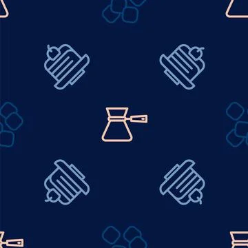 Set line Sugar cubes, Piece of cake and Coffee turk on seamless pattern. Vector Stock Illustration