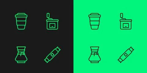 Set line Sugar stick packets, Pour over coffee maker, Coffee cup to go and Ilustración de archivo