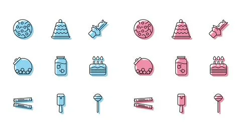 Set line Sugar stick packets, Ice cream, Cookie or biscuit, Lollipop, Straw.. Stock Illustration