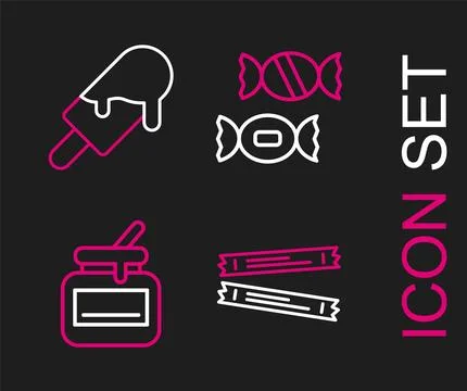 Set line Sugar stick packets, Jar of honey, Candy and Ice cream icon. Vector Stock Illustration