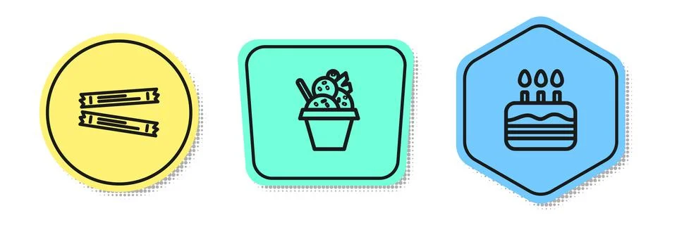 Set line Sugar stick packets, Ice cream in bowl and Cake with burning candles Stock Illustration