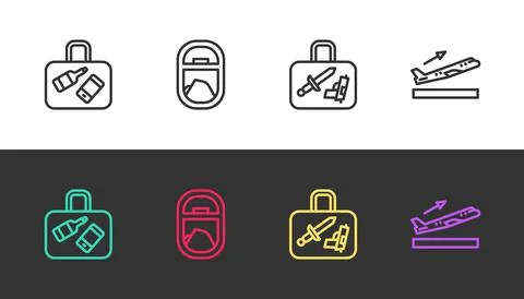 Set line Suitcase, Airplane window, and Plane takeoff on black and white. Vector Stockillustratie