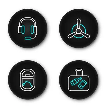 Set line Suitcase, Airplane window, Plane propeller and Headphones with mic.. Stock Illustration