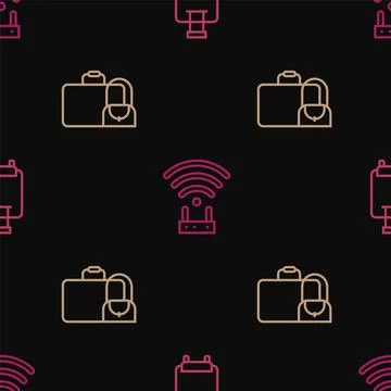 Set line Suitcase, and Router and wi-fi signal on seamless pattern. Vector Stock Illustration