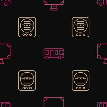 Set line Suitcase, Attitude indicator and Airport bus on seamless pattern. .. Illustration