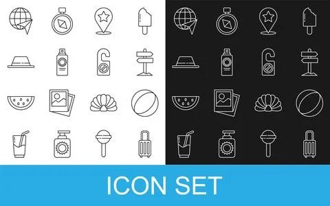 Set line Suitcase, Beach ball, Road traffic signpost, Map pointer with star Stock Illustration