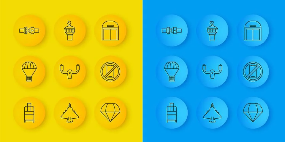 Set line Suitcase, Box flying on parachute, Aircraft steering helm, Parachu.. Stock Illustration