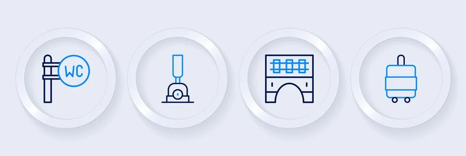 Set line Suitcase, Bridge for train, Arrow switching the railway and Toilet icon Illustrazione stock