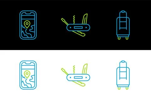 Set line Suitcase, City map navigation and Swiss army knife icon. Vector Illustration
