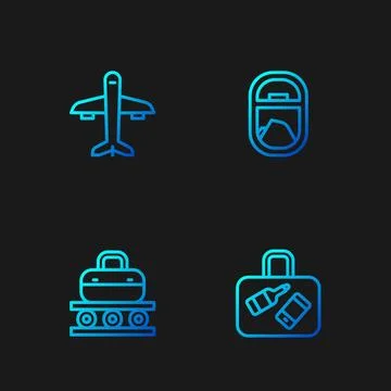 Set line Suitcase, Conveyor belt with suitcase, Plane and Airplane window. .. Stock Illustration