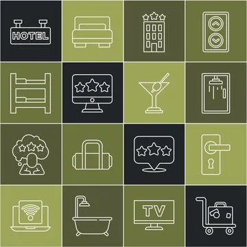 Set line Suitcase, Door handle, Shower cabin, Hotel building, Five stars rating Illustration