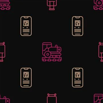 Set line Suitcase, E-ticket train and Vintage locomotive on seamless pattern. Stock Illustration