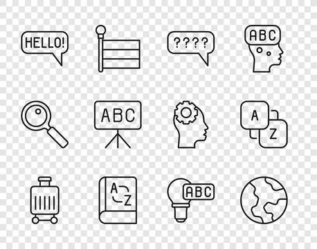 Set line Suitcase, Earth globe, Speech bubbles with Question, Translator bo.. Stock Illustration