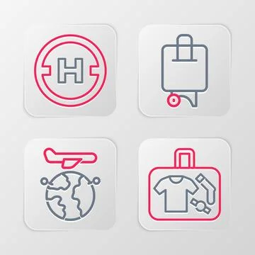 Set line Suitcase, Globe with flying plane,  and Helicopter landing pad ico.. Illustration
