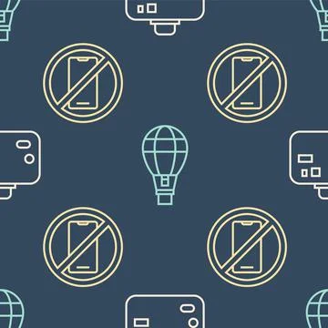 Set line Suitcase, No cell phone and Hot air balloon on seamless pattern. Vector Stock Illustration