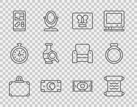 Set line Suitcase, Papyrus scroll, Butterfly in frame, Stacks paper money cash Stock Illustration