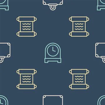 Set line Suitcase, Papyrus scroll and Antique clock on seamless pattern. Vector Stock Illustration
