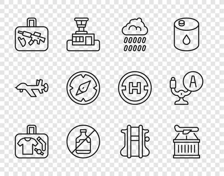 Set line Suitcase, Plane, Cloud with rain, No alcohol, Compass, Parachute and Stock Illustration