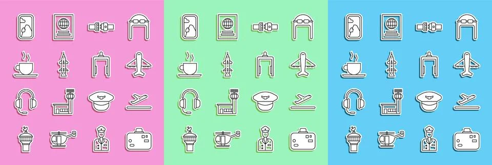 Set line Suitcase, Plane takeoff, Safety belt, Rocket, Coffee cup, Airplane.. Stock Illustration