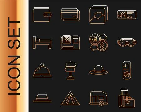 Set line Suitcase Please do not disturb Ski goggles Photo Action extreme came Stock Illustration