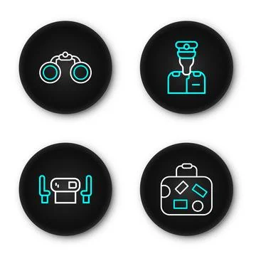 Set line Suitcase, Poker table, Captain of ship and Binoculars icon. Vector Illustrazione stock