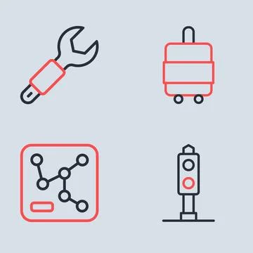 Set line Suitcase, Railway map, Train traffic light and Wrench spanner icon.. Stock Illustration