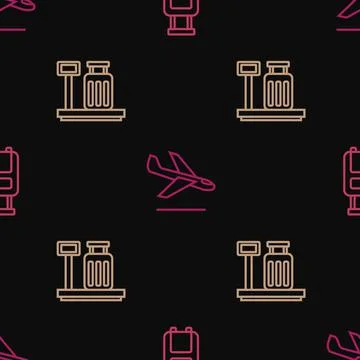 Set line Suitcase, Scale with suitcase and Plane landing on seamless pattern 스톡 일러스트