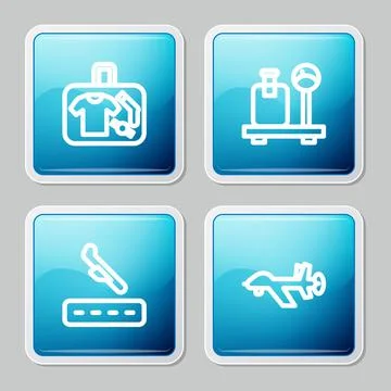 Set line Suitcase, Scale with suitcase, Plane landing and UAV Drone icon. Vector 스톡 일러스트