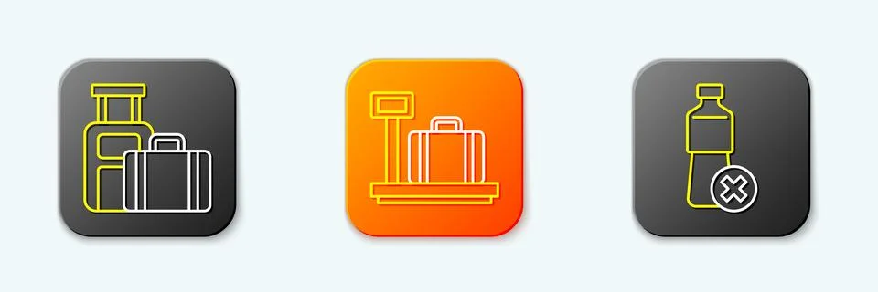 Set line Suitcase, Scale with suitcase and No water bottle icon. Vector Stock Illustration
