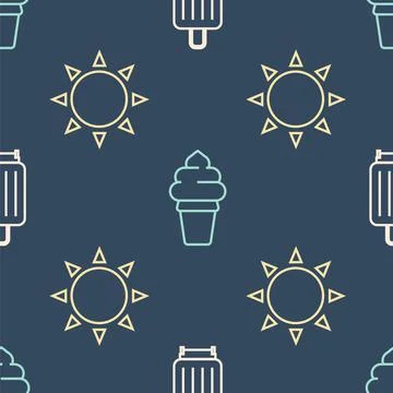 Set line Suitcase, Sun and Ice cream in waffle cone on seamless pattern. Vector Illustration