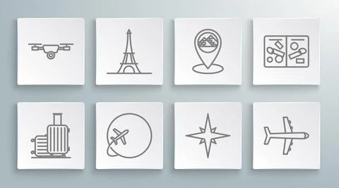 Set line Suitcase for travel, Eiffel tower, Globe with flying plane, Wind rose Stock Illustration