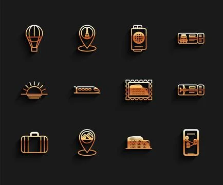 Set line Suitcase for travel, Map pointer with Egypt pyramids, Hot air balloo Stock Illustration