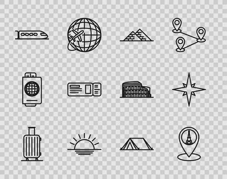 Set line Suitcase for travel, Map pointer with Eiffel tower, Egypt pyramids Stock Illustration