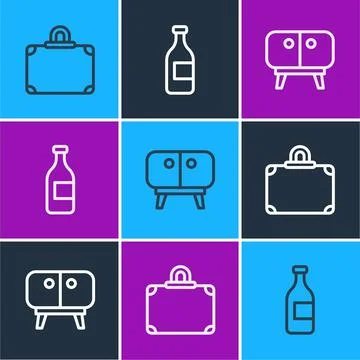 Set line Suitcase, TV table stand and Bottle of wine icon. Vector Illustration