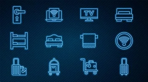 Set line Suitcase, Wi-Fi wireless, Smart Tv, Hotel room bed, Door handle, Towel Stock Illustration