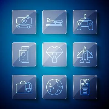 Set line Suitcase, Worldwide, Mobile with ticket, Drone remote control, Box Illustrazione stock