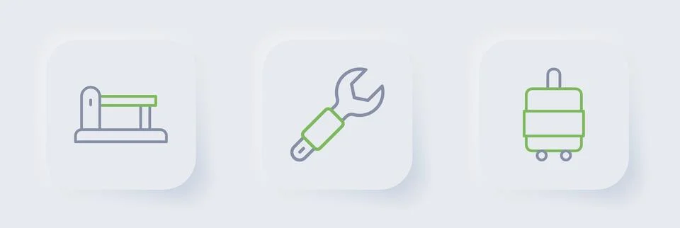 Set line Suitcase, Wrench spanner and Railway, railroad track icon. Vector Stock Illustration