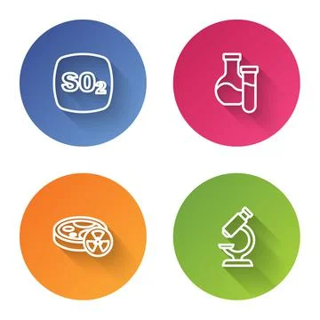 Set line Sulfur dioxide SO2, Test tube, with toxic liquid and Microscope. Color Stock Illustration