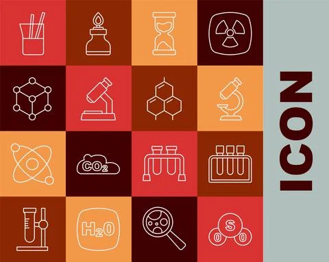 Set line Sulfur dioxide SO2, Test tube, Microscope, Old hourglass, Molecule 库存插图