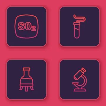 Set line Sulfur dioxide SO2, Test tube, and Microscope. Blue square button イラスト素材