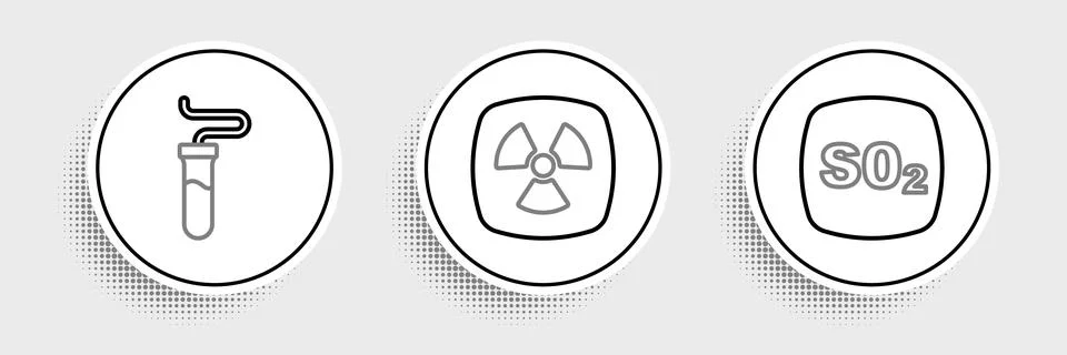 Set line Sulfur dioxide SO2, Test tube and Radioactive icon. Vector Stock Illustration